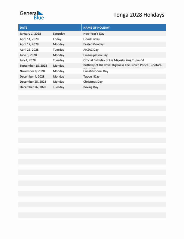 Free printable list of Tonga holidays for year 2028