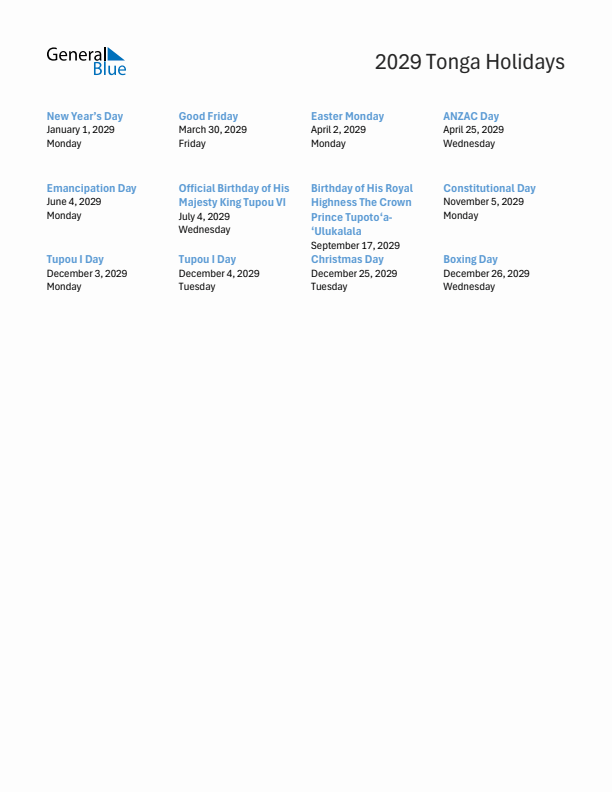 Free printable list of Tonga holidays for year 2029