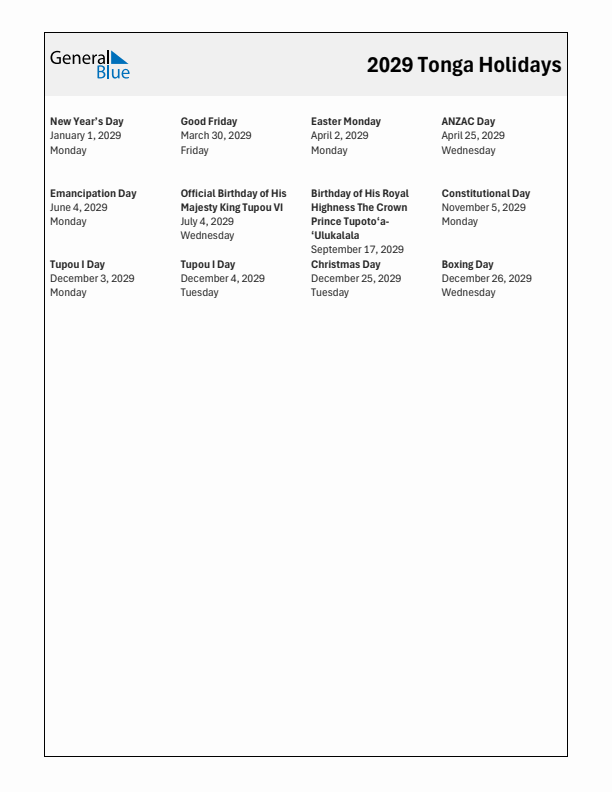 Free printable list of Tonga holidays for year 2029