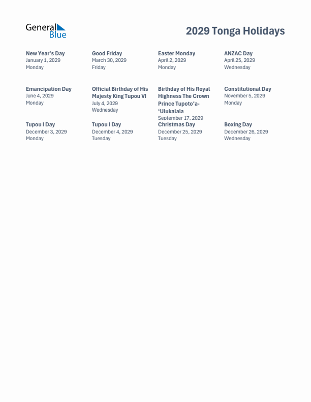Free printable list of Tonga holidays for year 2029