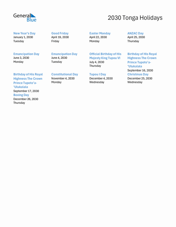Free printable list of Tonga holidays for year 2030