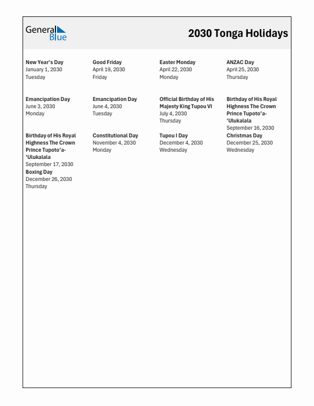 Free printable list of Tonga holidays for year 2030