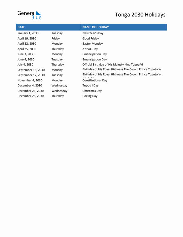 Free printable list of Tonga holidays for year 2030