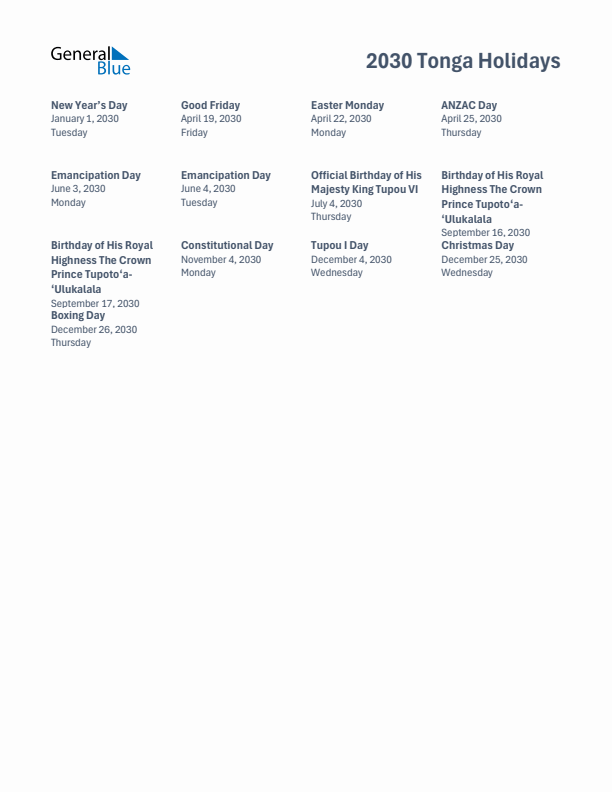 Free printable list of Tonga holidays for year 2030