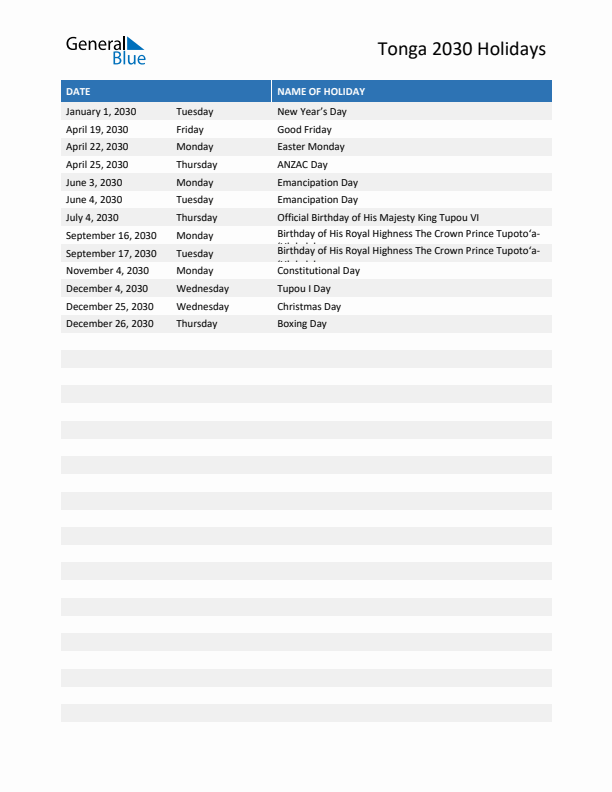 Free printable list of Tonga holidays for year 2030