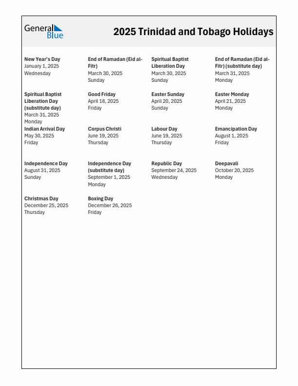 Free printable list of Trinidad and Tobago holidays for year 2025