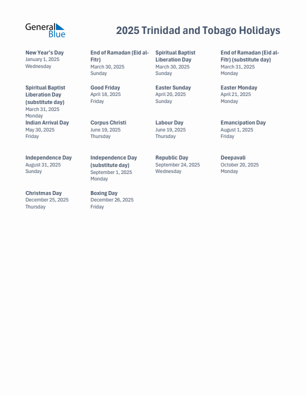 Free printable list of Trinidad and Tobago holidays for year 2025