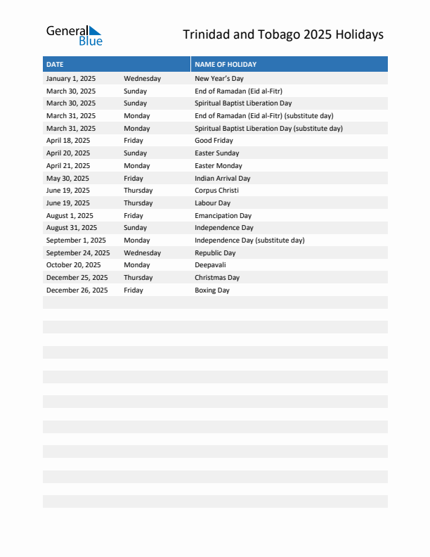 Free printable list of Trinidad and Tobago holidays for year 2025