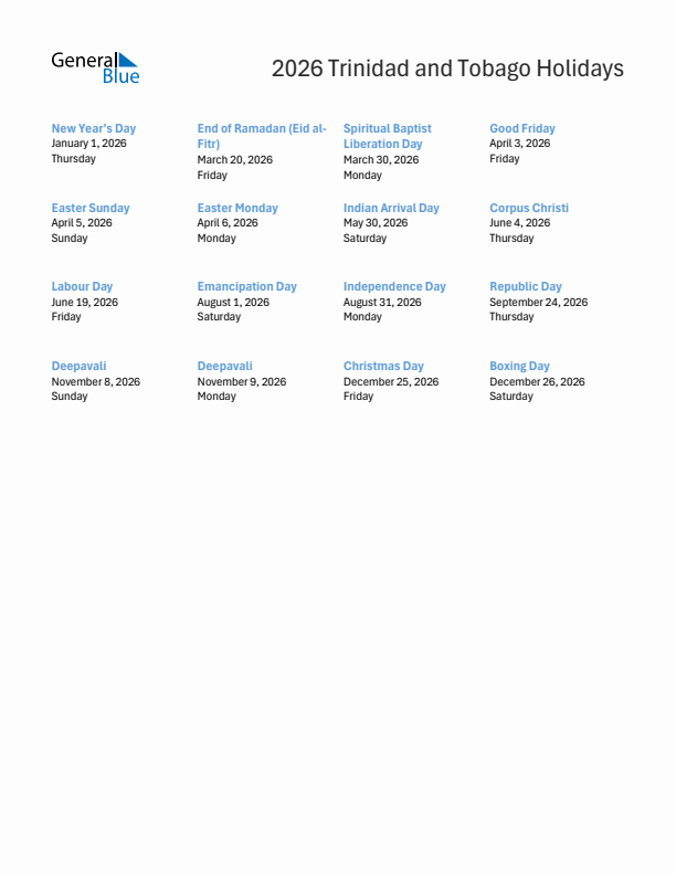 Free printable list of Trinidad and Tobago holidays for year 2026