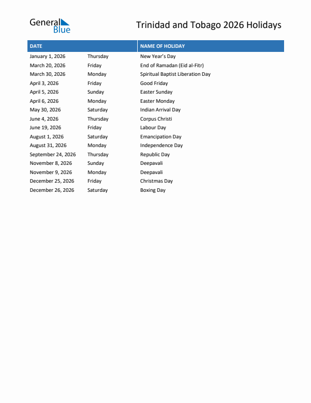 Free printable list of Trinidad and Tobago holidays for year 2026