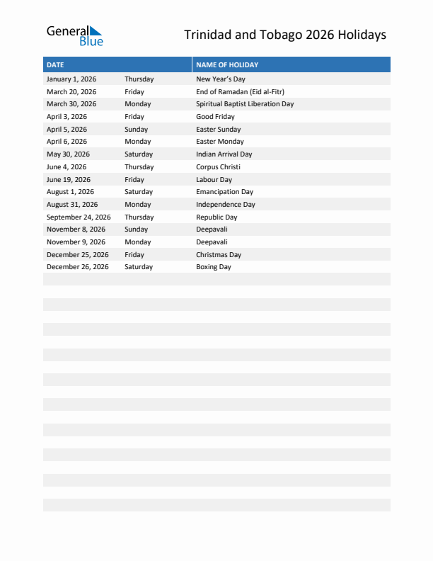 Free printable list of Trinidad and Tobago holidays for year 2026