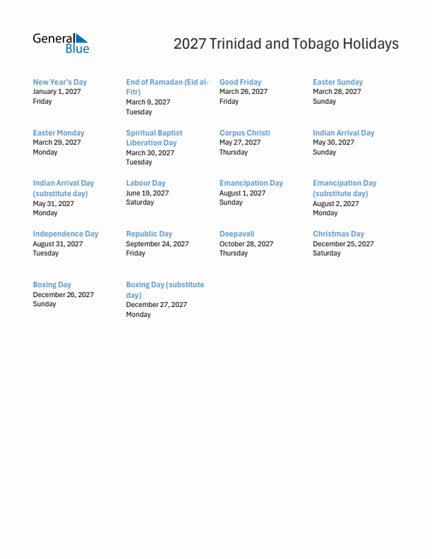 Free printable list of Trinidad and Tobago holidays for year 2027