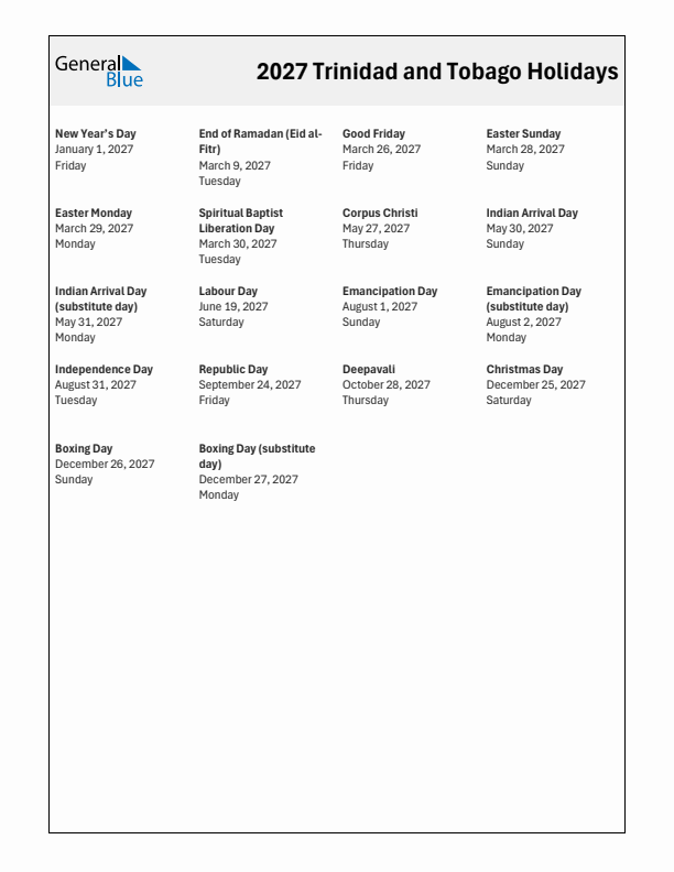 Free printable list of Trinidad and Tobago holidays for year 2027