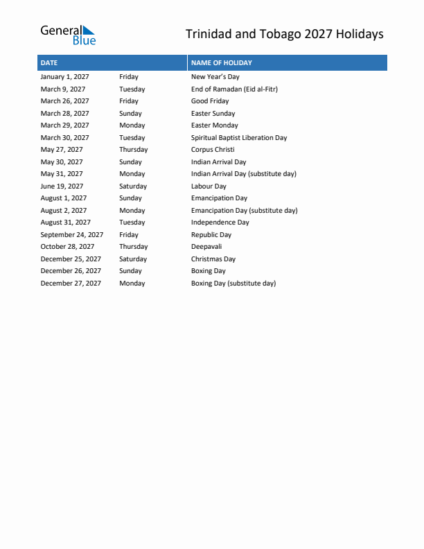 Free printable list of Trinidad and Tobago holidays for year 2027