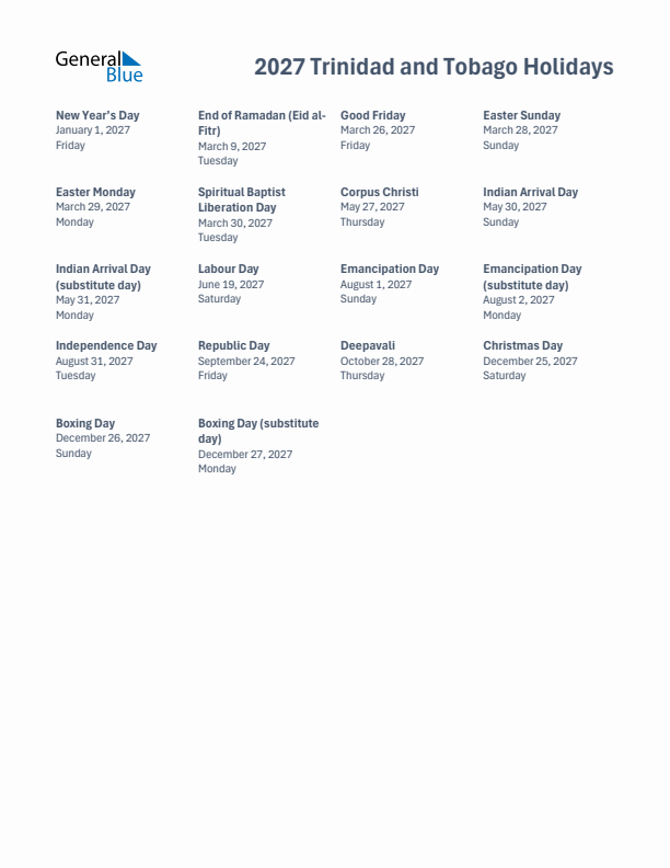 Free printable list of Trinidad and Tobago holidays for year 2027