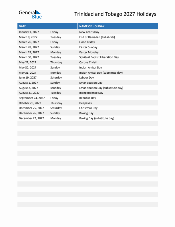 Free printable list of Trinidad and Tobago holidays for year 2027