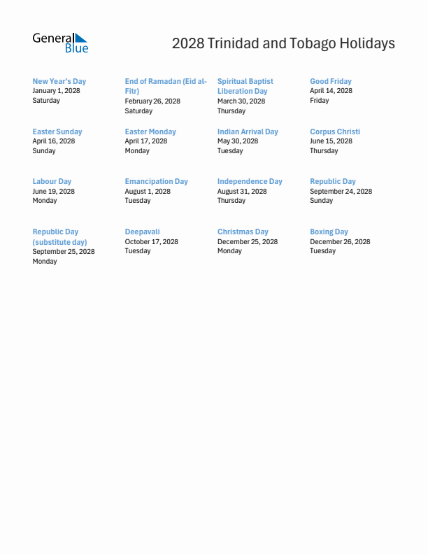 Free printable list of Trinidad and Tobago holidays for year 2028