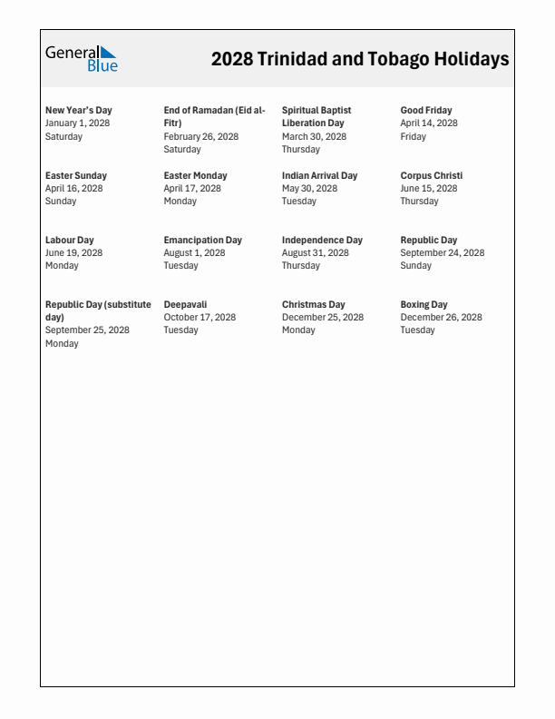 Free printable list of Trinidad and Tobago holidays for year 2028