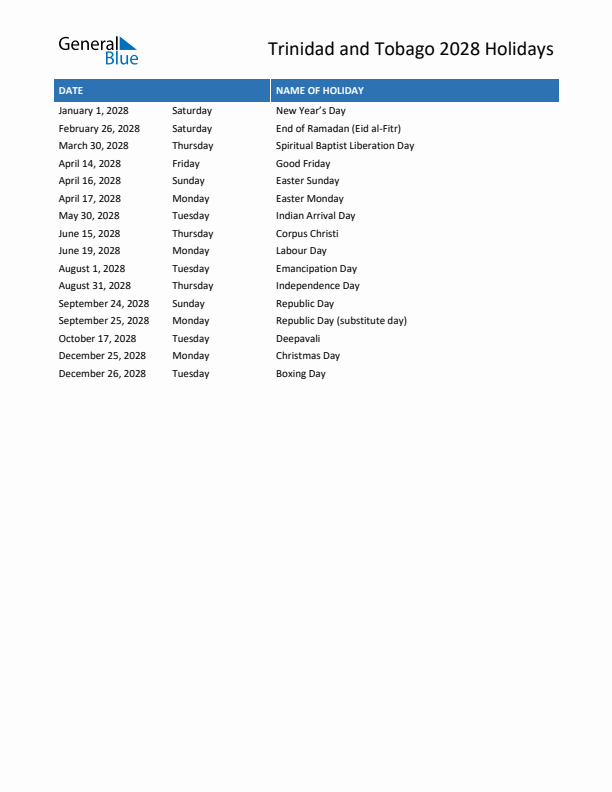 Free printable list of Trinidad and Tobago holidays for year 2028