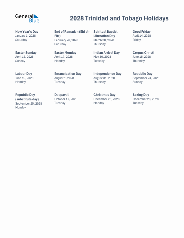 Free printable list of Trinidad and Tobago holidays for year 2028