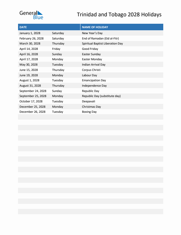 Free printable list of Trinidad and Tobago holidays for year 2028