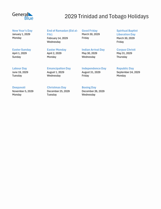 Free printable list of Trinidad and Tobago holidays for year 2029