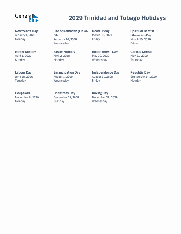 Free printable list of Trinidad and Tobago holidays for year 2029