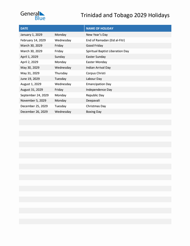 Free printable list of Trinidad and Tobago holidays for year 2029