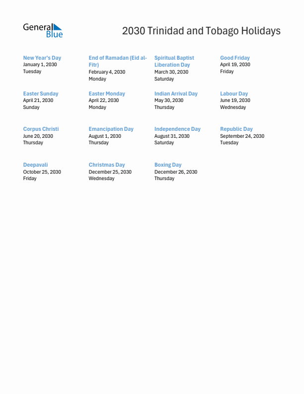 Free printable list of Trinidad and Tobago holidays for year 2030
