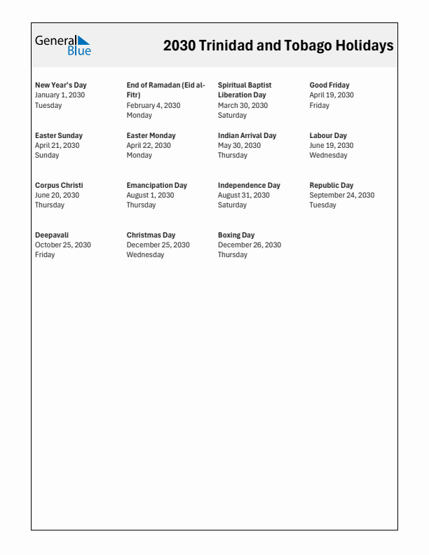 Free printable list of Trinidad and Tobago holidays for year 2030