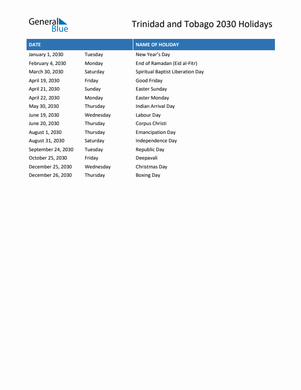 Free printable list of Trinidad and Tobago holidays for year 2030