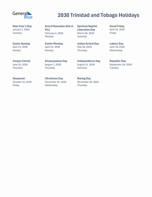 Free printable list of Trinidad and Tobago holidays for year 2030