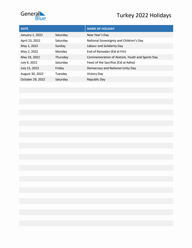 Free printable list of Turkey holidays for year 2022