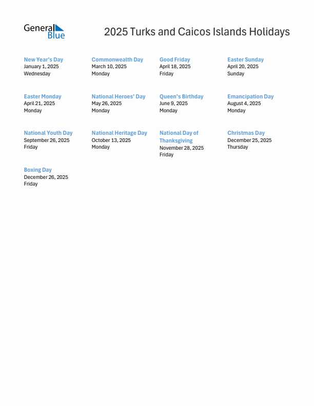 Free printable list of Turks and Caicos Islands holidays for year 2025