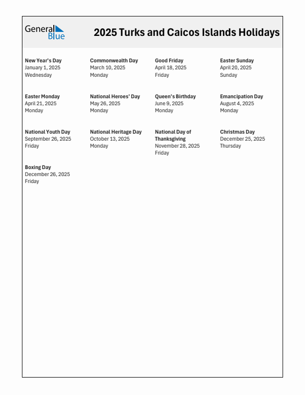 Free printable list of Turks and Caicos Islands holidays for year 2025