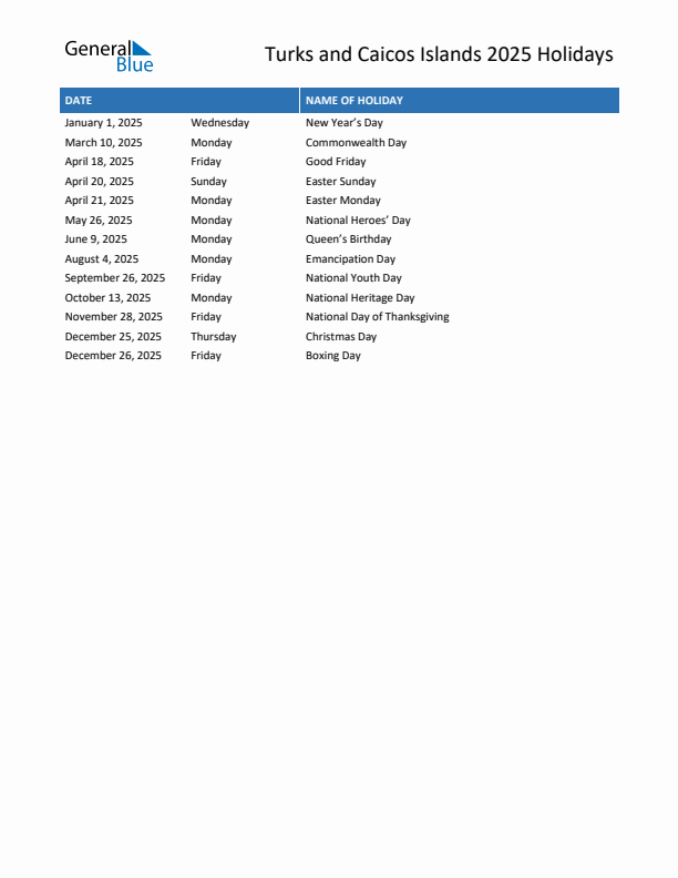 Free printable list of Turks and Caicos Islands holidays for year 2025