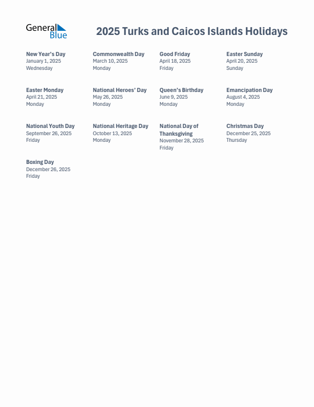 Free printable list of Turks and Caicos Islands holidays for year 2025