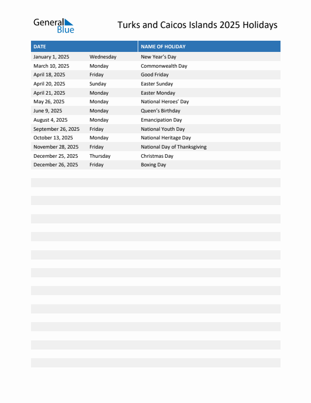 Free printable list of Turks and Caicos Islands holidays for year 2025