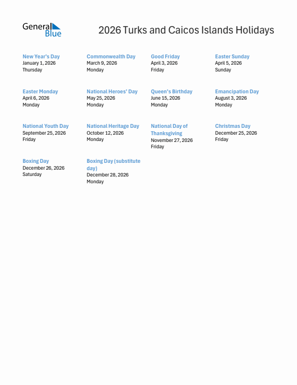 Free printable list of Turks and Caicos Islands holidays for year 2026