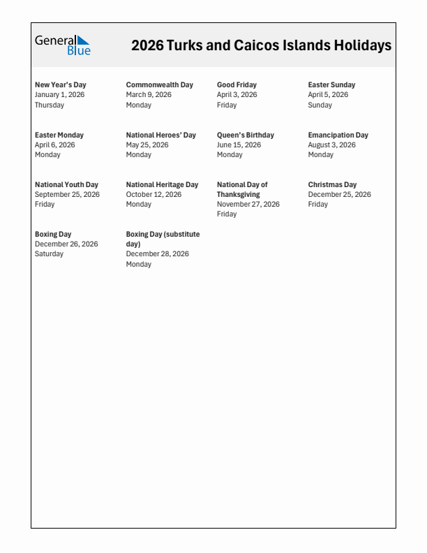 Free printable list of Turks and Caicos Islands holidays for year 2026