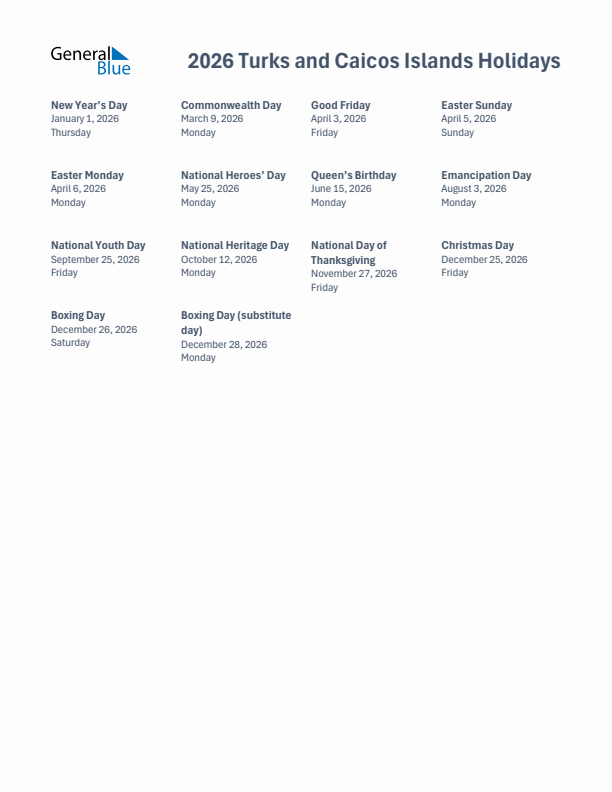 Free printable list of Turks and Caicos Islands holidays for year 2026