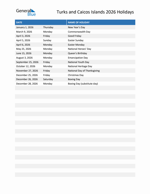 Free printable list of Turks and Caicos Islands holidays for year 2026