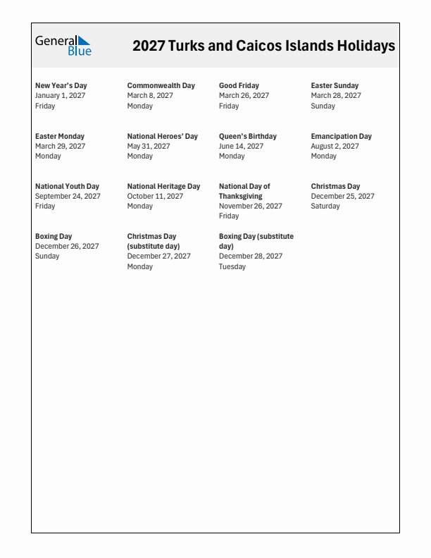 Free printable list of Turks and Caicos Islands holidays for year 2027