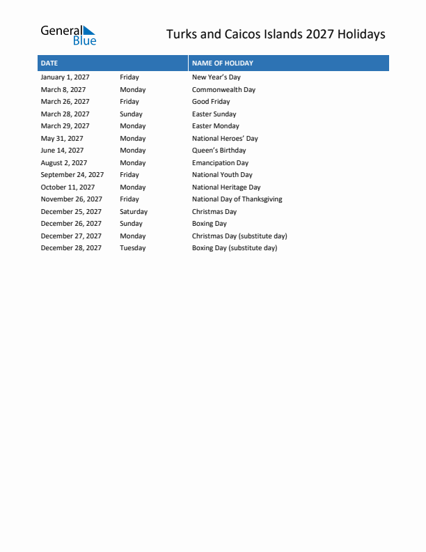 Free printable list of Turks and Caicos Islands holidays for year 2027