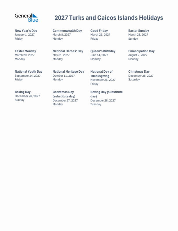 Free printable list of Turks and Caicos Islands holidays for year 2027
