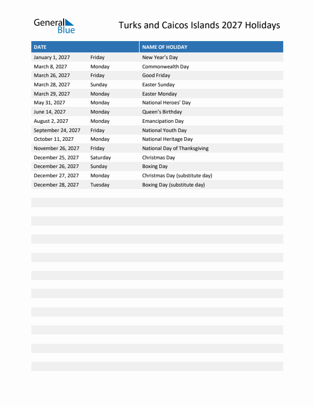 Free printable list of Turks and Caicos Islands holidays for year 2027