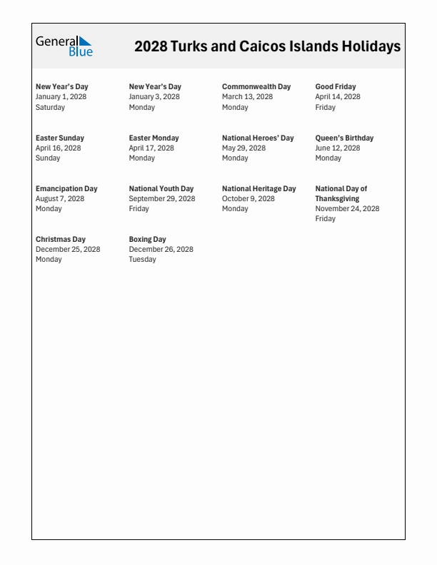 Free printable list of Turks and Caicos Islands holidays for year 2028