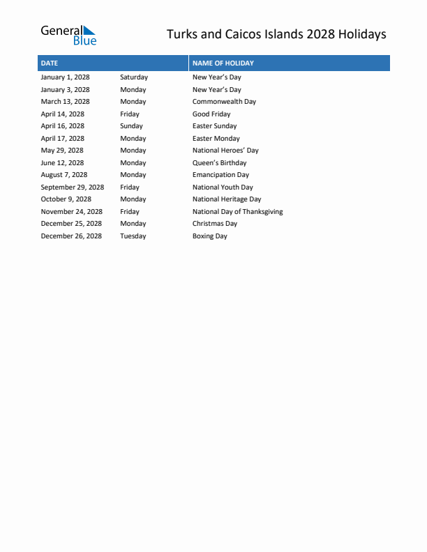 Free printable list of Turks and Caicos Islands holidays for year 2028