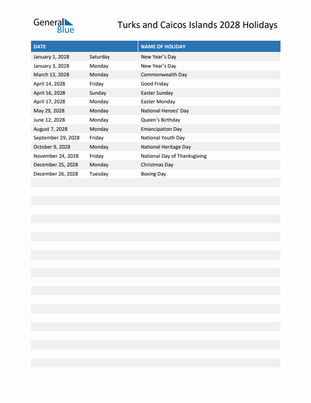 Free printable list of Turks and Caicos Islands holidays for year 2028