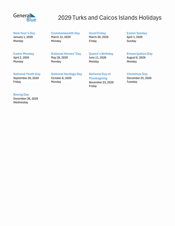 Free printable list of Turks and Caicos Islands holidays for year 2029
